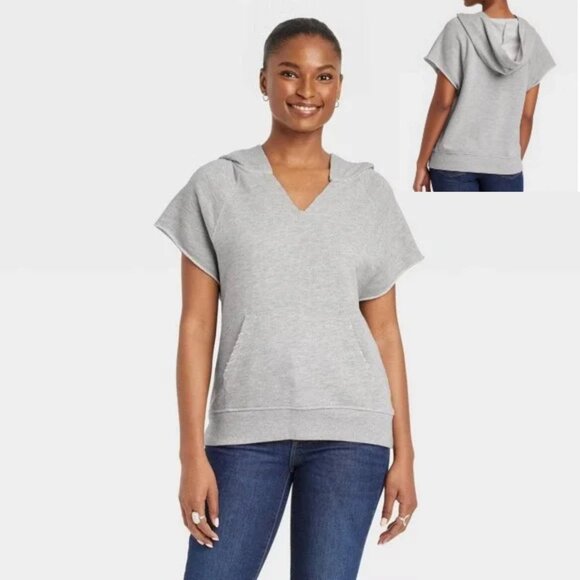 NWT Universal Thread Gray Short Sleeve Hoodie Sweatshirt Top Plus Size Lounge - Picture 1 of 10